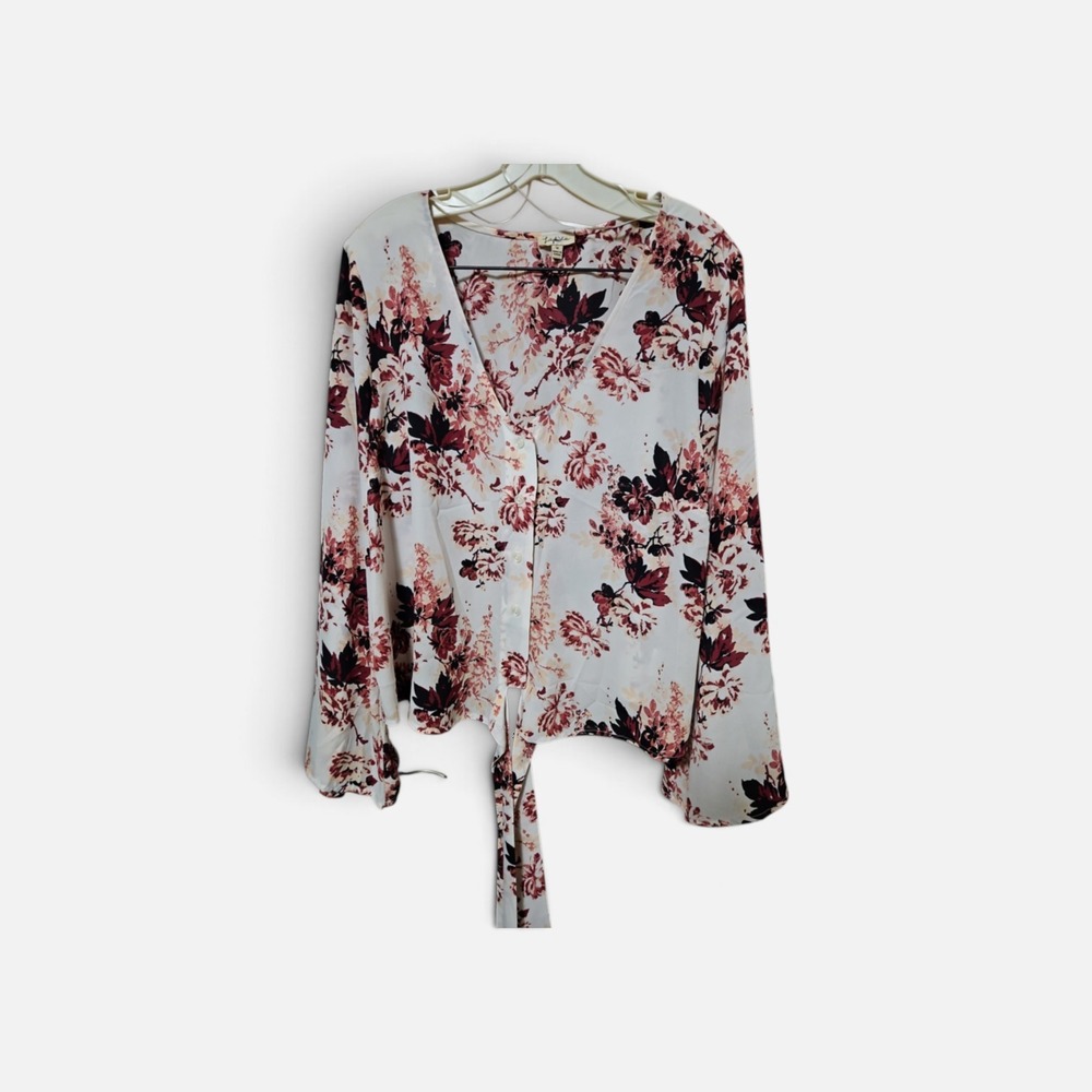 Lily White Floral V-Neck Tie Front Bell Sleeve Blouse Cream Burgundy 1X 0522